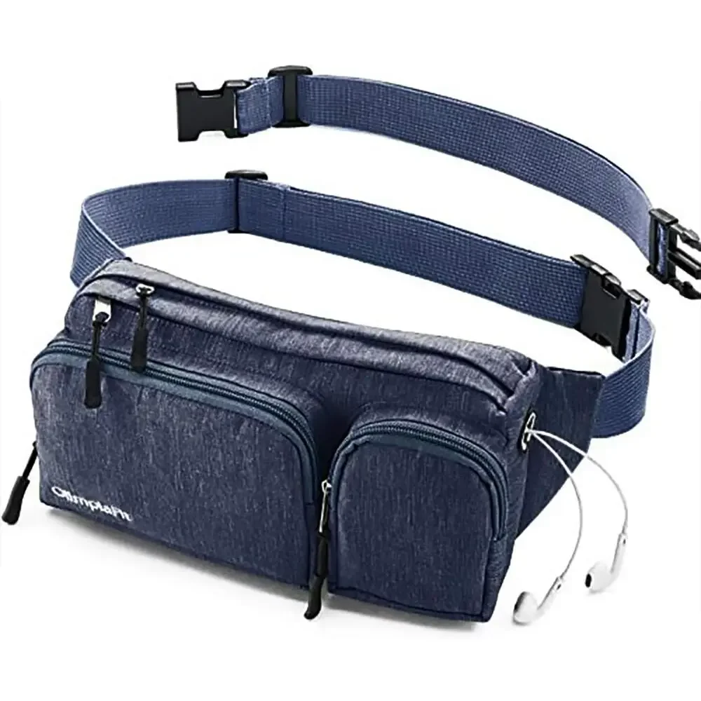 NWT OlimpiaFit Fanny Pack Large Capacity Waist Bag 6 Pockets Headphone Hole Blue